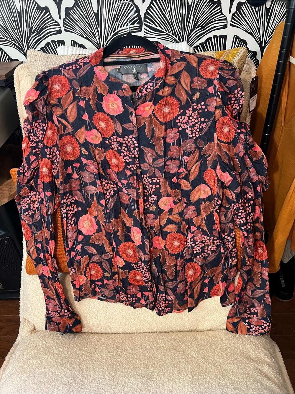 Cotélac Floral Wool Blend Puff Sleeve Blouse French Designer 2 Medium